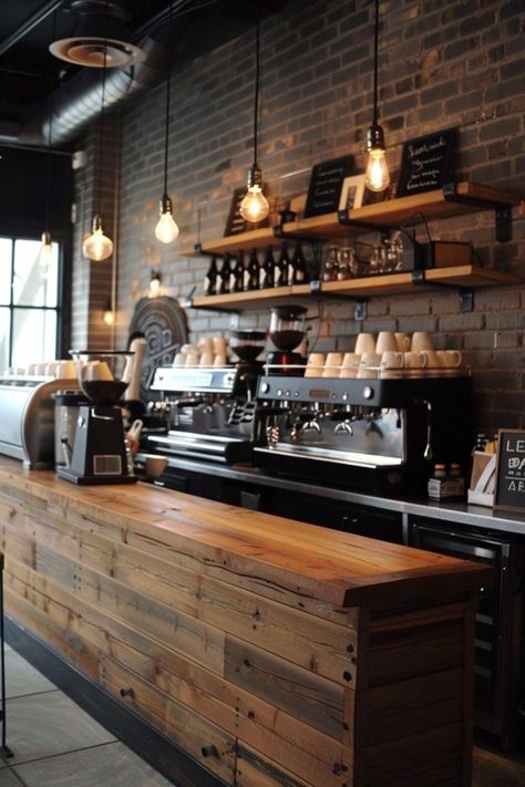 Turn your coffee routine into a daily ritual with these creative coffee bar ideas. #IcedCoffeeInspirations Cafeteria Vintage, Rustic Coffee Shop, Coffee Shop Counter, Vintage Coffee Shops, Bakery Design Interior, Small Coffee Shop, Coffee Bar Ideas, Kitchen Lighting Ideas, Coffee Shop Interior Design