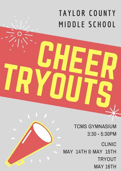 Tryouts Poster, Cheer Tryout Posters, Spirit Posters Cheerleading, Cheer Posters Ideas Signs Cheerleading School Spirit, Cheer Tryout Flyer Template, Flyer Cheerleading, Cheerleading Flyer, Cheerleading Tryouts, Cheer Tryouts