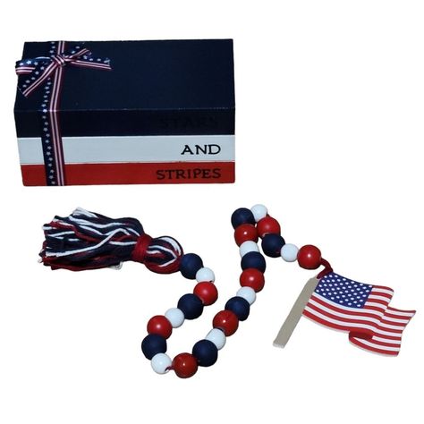 Tiered Tray Decor Handcrafted Painted And Sealed Beads Are 26" Long With Flag On One Side And Red White And Blue Tassel On The Other End Faux Book Stack Is 7" Long 3.5" Tall 4" Deep Stars And Stripes On Front With Flag Ribbon Stg #American #America #Juky 4th #Independence Day #Flag #Decor #Handcrafted #Sealed #New #Set #Bundle #Red White & Blue #Pride #Proud #Holiday Faux Book Stack, Independence Day Flag, Halloween Village, Wood Book, Vintage Windows, Book Stack, Blue Tassel, Holiday Set, Gold Velvet