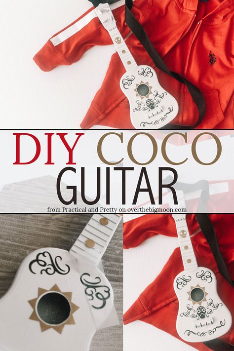 DIY Coco Guitar Tutorial - perfect for a Coco costume or play! Design by Practical and Pretty on overthebigmoon.com! Coco Halloween Costume, Coco Guitar, Coco Costume, Halloween Porch Ideas, Coco Birthday, Handmade Halloween Costumes, Coco Party, Guitar Diy, Guitar Tutorial