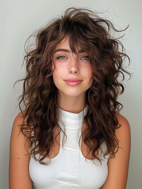 Thick Curly Layered Hair, Medium Naturally Wavy Haircuts, Long Wavy Shag Haircut With Bangs, Shaggy Wavy Hair Medium, Long Wavy Shag Haircut Side Part, 2b Haircuts Medium Layered, Shag Haircut On Wavy Hair, Long Wavy Haircuts With Layers Natural Curls, Curl Shag Hairstyles