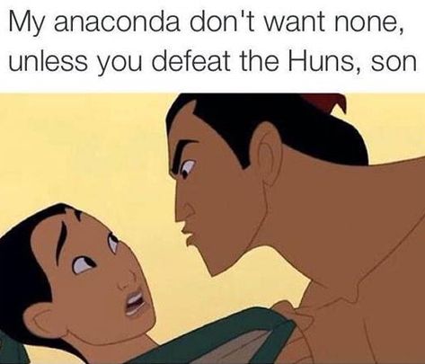 If Li Shang Would’ve just looked down in this scene the entire movie would’ve been over and he would’ve known that she was a girl a lot sooner I’m just saying Li Shang, Disney Nerd, Disney Jokes, Make A Man, Disney Memes, Disney Funny, Anaconda, Disney And Dreamworks, Disney Love