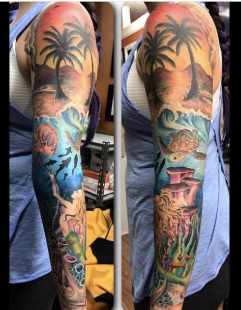 Tattoo Sleeve Tropical, Nautical Tattoo Sleeve Color, Aquatic Tattoo Sleeve For Women, Paradise Sleeve Tattoo, Aquatic Sleeve Tattoos For Women, Seascape Tattoo Sleeve, Beach Tattoo Ideas Sleeve, Beach Theme Sleeve Tattoo, Ocean Sleeve Tattoos For Women