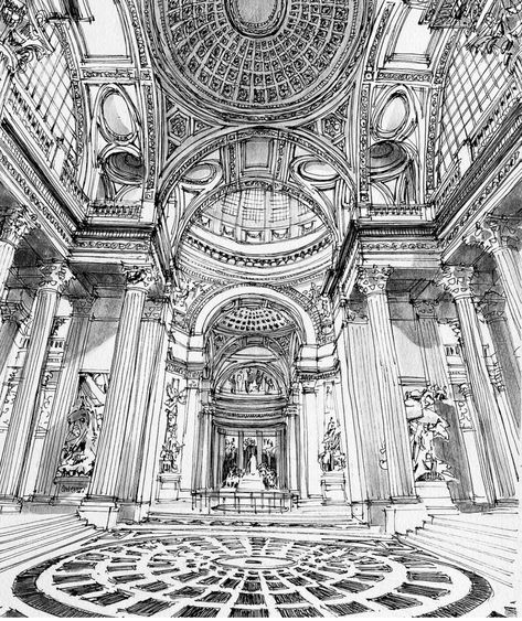 Baroque Architecture Drawing Sketch, Detailed Architecture Drawing, Castle Perspective Drawing, Detailed Drawings Architecture, Castle Interior Drawing, 3 Point Perspective Drawing Interior, Baroque Architecture Drawing, Concept Sketches Architecture, Pantheon Drawing