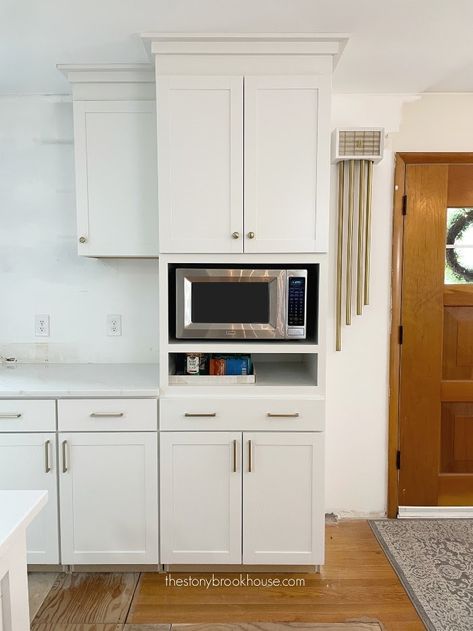 Microwave cabinet finished for now Microwave Cubby Ideas, Microwave Mixer Cabinet, Kitchen Cabinet Microwave Ideas, Tall Cabinet With Microwave, Stand Alone Pantry Cabinet With Microwave, Microwave Cabinets Ideas, Open Microwave Cabinet, Wall Microwave Cabinet, No Space For Microwave