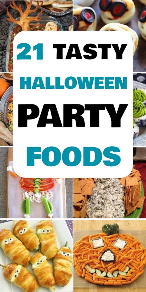 21 tasty Halloween party foods displayed in a fun and creative manner. Easy Party Appetizers Halloween, Meatballs For Halloween Party, Ghouls Night Party Food, Halloween Pitch In Food, Potluck For Halloween, Halloween Gathering Food, Halloween Party Recipes Food, Halloween Cookout Food, Food To Bring To A Halloween Party