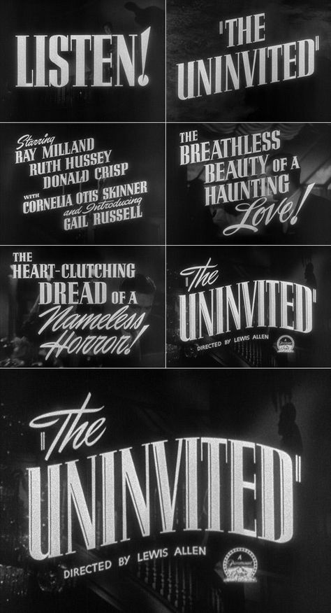 The Uninvited (1944) trailer typography - the Movie title stills collection  #ho... Check more at http://telonazx.cloudaccess.host/ Ruth Hussey, Gail Russell, Ray Milland, The Uninvited, Love Sucks, Wood Poster, Tom Wood, Noir Movie, Title Sequence