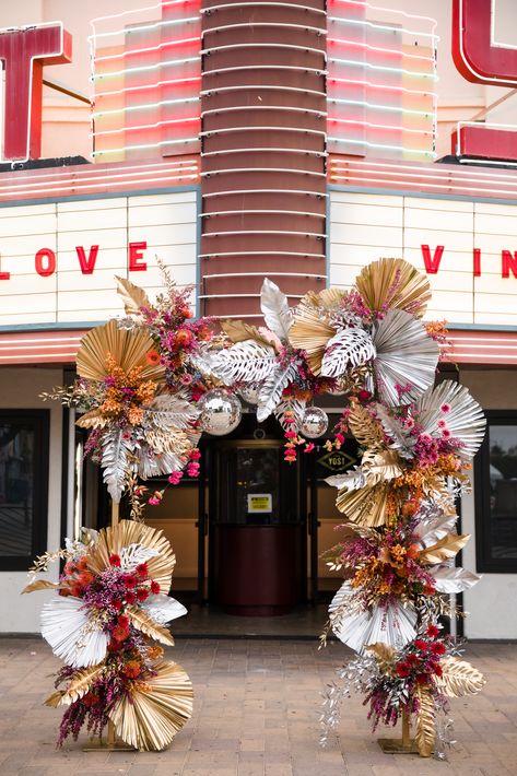 Disco Arch, Photo Backdrop Balloons, Disco Wedding Arch, Disco Ball With Flowers Wedding, Wedding Arch Disco Ball, Floral Disco Ball Wedding, Disco Floral Installation, Archway Decor, Event Entry