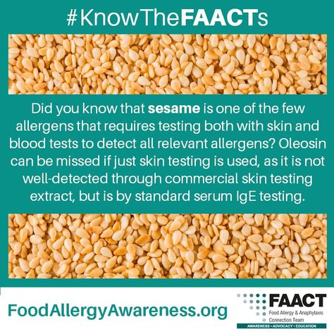 Did you know that sesame is one of the few allergens that requires testing both with skin and blood tests to detect all relevant allergens? Oleosin can be missed if just skin testing is used, as it is not well-detected through commercial skin testing extract, but is by standard serum IgE testing. Visit #FAACT to learn more. #SesameAllergy #SesameFree #Top9Allergy #FoodAllergy #FoodAllergies #AllergyAwareness #FoodAllergyAwareness #Anaphylaxis #Allergy #Allergies #FoodAllergyLife Sesame Allergy, Plain Language, Food Allergies Awareness, Contaminated Food, Allergy Awareness, Peanut Allergy, Food Allergens, Allergy Friendly Recipes, Food Allergy