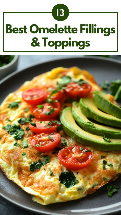 A colorful omelette filled with cheese, spinach, tomatoes, and topped with avocado slices, showcasing a variety of delicious toppings and fillings for a satisfying breakfast. Healthy Omelette Recipe, Avocado Omelette, Omelette Ideas, Omelette Fillings, Avocado And Spinach, Best Omelette, Spinach Omelette, Omelette Recipe, Morning Snack