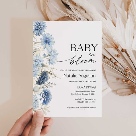 Dusty Blue Baby In Bloom Invite with Wildflowers - Baby Shower Invitation Editable template - Instant Access 💻 𝗧𝗥𝗬 𝗧𝗛𝗘 𝗗𝗘𝗠𝗢 - 𝙘𝙪𝙩 𝙖𝙣𝙙 𝙥𝙖𝙨𝙩𝙚 𝙩𝙝𝙚 𝙗𝙚𝙡𝙤𝙬 𝙡𝙞𝙣𝙠 https://templett.com/design/demo/theprintnest/26329716 ✅ INSTANT ACCESS ✅ NO EXPIRATION DATE ✅ EDIT MOST WORDING/FONTS/COLORS ✅ PRINT AT HOME OR PROFESSIONALLY This listing is for an INSTANT DOWNLOAD, so you will have access to your template within minutes of purchase, where you can edit using TEMPLETT; an eas Blue Flower Baby Shower Theme, Baby In Bloom Blue Shower Ideas, Flower Baby Shower Theme, Baby In Bloom Invitation, Garden Baby Shower Theme, Mom-osa Bar, Boy Shower Invitations, Wildflower Baby Shower, Baby In Bloom