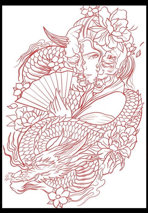 Geisha With Dragon Tattoo, Dragon Geisha Tattoo, Japanese Dragon Tattoo Designs, Dragon Tattoo Stencil, Japanese Dragon Drawing, Dragon Tattoo Art, Samurai Tattoo Design, Geisha Tattoo, Japan Tattoo Design