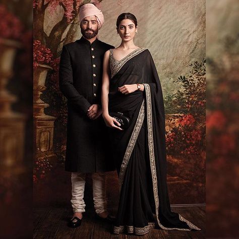 Shree Designer Saree on Instagram: “Couple Goals !! 💕 Stunning Couple Co-Ordinated Sarees & Sherwani To Make You Look The Show Stopper Of Any Event | Shop Now ✨ Call /…” Black Saree Designs, Black Sarees, Sabyasachi Saree, Sabyasachi Sarees, Indian Sari Dress, Sari Dress, Saree Style, Salwar Kamiz, Saree Designs Party Wear