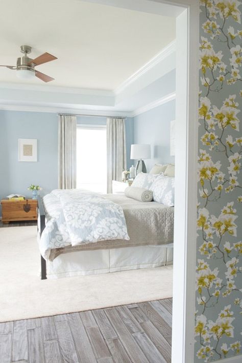 Happy Blue White Wash Wood Floors, Grey Wood Floors Bedroom, Aqua Bedroom, Blue Scheme, Blue Bedroom Colors, Light Blue Bedroom, Modern Paint Colors, Floral Wallpaper Bedroom, Best Bedroom Colors