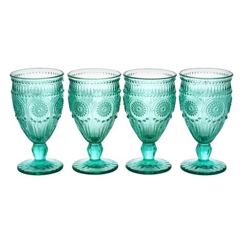 The Pioneer Woman Adeline 12-Ounce Footed Glass Goblets, Set of 4, Tuquoise Pioneer Woman Kitchen, Glass Goblets, Kid Drinks, Ree Drummond, The Pioneer Woman, Bar Glassware, Mason Jar Wine Glass, Turquoise Glass, Family Entertainment