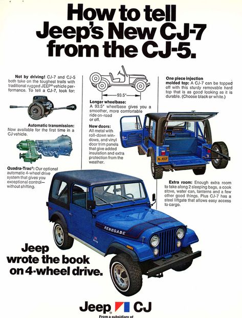 1976 Jeep CJ7 vs. CJ5 Identification Ad | by lee.ekstrom Jeep Advertising, Jeep Ads, Cj Jeep, Classic Jeeps, Jeep Ideas, Vintage Jeep, Hors Route, Motorcycle Camping, Old Jeep