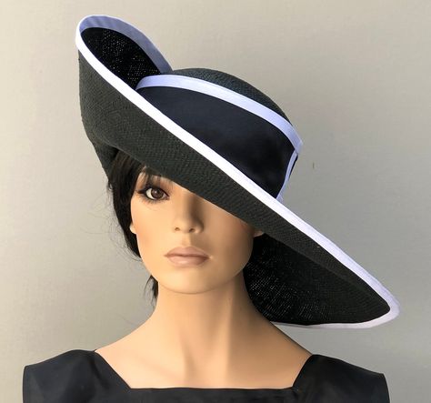 Kentucky Derby Hat, Women's Derby Hat, Ladies Formal Wide Brim Hat, Women's Black and White hat, elegant hat Wedding Hats For Guests, Kentucky Derby Style, Elegant Hat, Black And White Hats, Formal Hat, Dressy Hats, Custom Made Hats, Royal Ascot Hats, Navy Hat