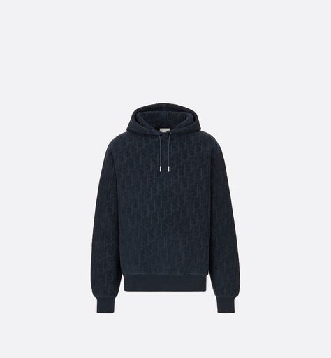 Oversized Hooded Sweatshirt with Dior Oblique Motif Navy Blue Terry Cotton Jacquard | DIOR Dior Hoodie, Men Dior, Dior Oblique, Christian Dior Couture, Dior Couture, Cotton Logo, Look Casual, Luxury Outfits, Sleeve Cotton