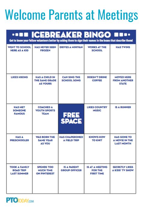 Try our Icebreaker Bingo game to start off a PTO or PTA meeting. It's a great way to help make parents feel comfortable.   #pto #pta #meeting Pta Ice Breaker Games, Pta Game Night, Pta Activity Ideas, Pta Meeting Ideas, Pto Meeting Ideas, How To Start A School Pto, Pta Ideas For Kicking Off The Year, Parent Engagement Ideas Schools, Attendance Activities