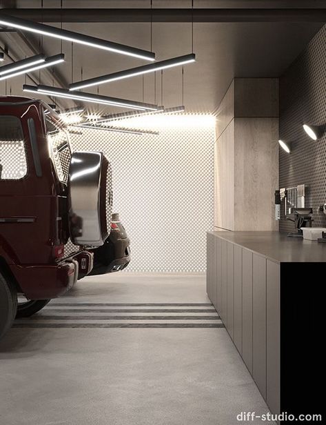 Luxury Garage Interior Design, Villa Garage Design, Luxury Garage Interior, Black Garage Interior, Auto Garage Design, Modern Garage Interior, Car Park Design, Industrial Garage, Ibiza Villa