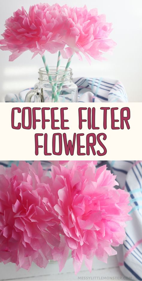 Coffee filter flowers craft for kids. Easy paper flowers craft idea for Spring. Coffee Filter Flowers Diy, Spring Flower Crafts, Flower Projects, Coffee Filter Crafts, Coffee Filter Flowers, Flowers Craft, Folding Origami, Easy Paper Flowers, Coffee Crafts