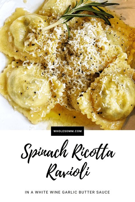 Fresh ravioli with a spinach ricotta filling.  Light, bright, and delicious pasta dish to impress.  Elevated with lemon zest, fresh cracked black pepper, and freshly grated Parmesan.  All in a white wine butter sauce.  Pair it with a Sauvignon Blanc. #wholesomm #freshravioli #freshpasta #spinachricottaravioli #homemaderavioli #whitewinesauce #springpasta #summerpasta #springrecipe #summerrecipe #spring #summer Spinach Ricotta Filling, Spinach And Ricotta Tortellini, Spinach Ricotta Ravioli, Ravioli Sauce Recipe, Ravioli Recipe Homemade, Wine Butter Sauce, Spinach And Ricotta Ravioli, White Wine Butter Sauce, Ricotta Ravioli