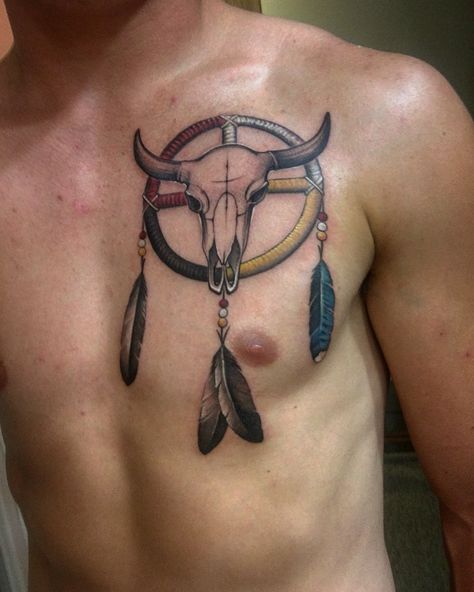 Buffalo Skull over medicine wheel, Eagles and blue jay feathers. Medicine Wheel Tattoo, Buffalo Skull Tattoo, Journey Tattoo, Blue Jay Feather, Wheel Tattoo, Native Tattoos, Buffalo Skull, Western Tattoos, Anchor Tattoos