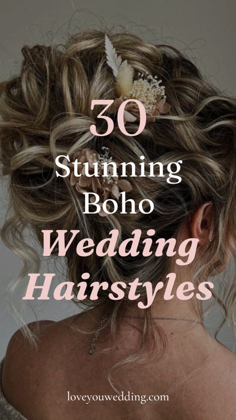 30 Stunning Boho Bride Hairstyles: Down, Half Up, Updo, Braids. Looking for beautiful boho wedding hairstyle ideas and inspiration? We’re sharing 30 gorgeous boho bride hairstyles for long, medium, and short hair. Whether you’re looking for boho hairstyles down, half up, updos, with braids, with veils, or even boho bridesmaid hairstyles, we have the top boho wedding beauty ideas for your big day. Bridal Hair Casual, Boho Mother Of The Bride Hair, October Wedding Hairstyles, Curly Hairstyles For Medium Hair Wedding, Boho Wedding Hairstyles For Long Hair, Boho Bridesmaid Hairstyles, Curly Hair Bride Hairstyles, Braided Bridesmaid Hairstyles, Boho Bride Hairstyles