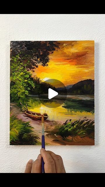 Sunrise Painting Acrylic, Sunrise Art Painting, Sunrise Landscape, Sunrise Art, Sunrise Painting, Beautiful Lakes, Tree Painting, Landscape Paintings, Watercolor Paintings