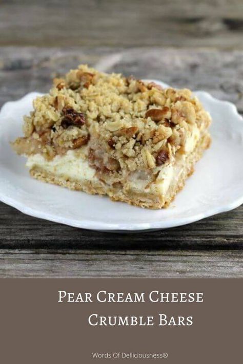 Pear Cream Cheese, Pears And Cream Cheese, Pear Cheesecake Bars, Pear Cream Cheese Dessert, Pear Crumble Bars, Pear Crumble Recipe Simple, Pear And Blueberry Crumble, Apple Pear Crisp, Pear Dessert Recipes