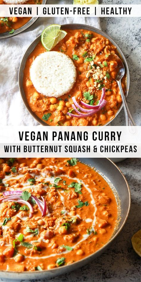 This #vegan butternut squash & chickpea panang curry is a sweet, peanut flavored curry, inspired by the classic Thai dish. This vegan Thai peanut curry uses vegan #panang #curry paste, peanut butter, and coconut milk to create a rich and creamy base. This plant based curry uses chickpea and butternut squash instead of meat. Gluten-free with an oil-free option. Peanut Butter Tofu Curry, Vegetarian Panang Curry, Panang Curry Vegetarian, Ostara 2023, Vegan Panang Curry, Thai Peanut Curry, Butternut Curry, Panang Curry Paste, Butternut Squash Curry