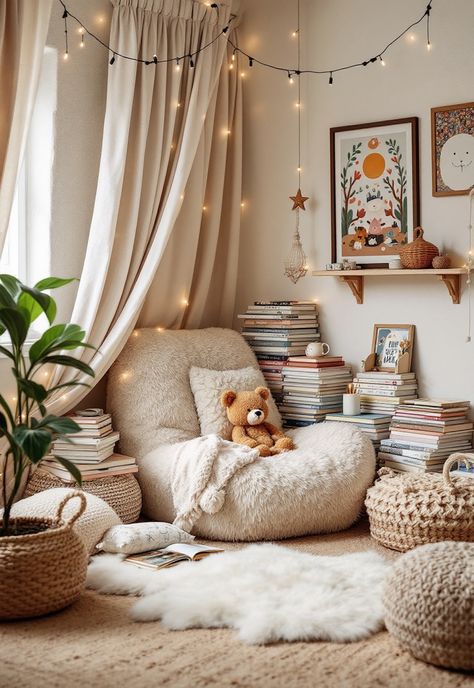 Boho Playroom Ideas Kids Reading Nook In Bedroom, Toddler Reading Nook Boy, Cozy Kids Corner, Reading Corner Kids Bedroom, Kids Cozy Corner Ideas, Reading Area For Kids, Kid Reading Nook, Play Corner In Living Room, Boho Reading Corner