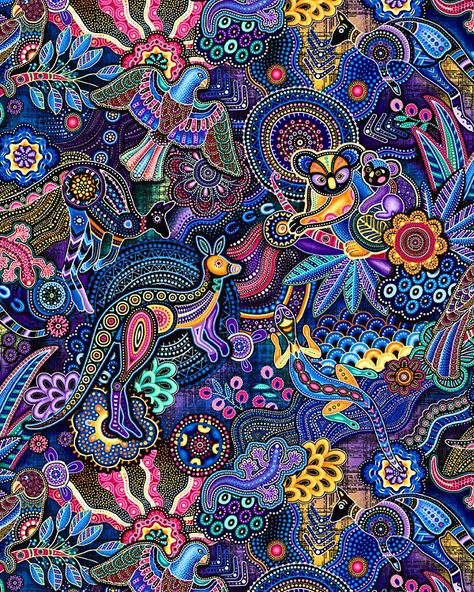 Gondwana - Animals of Australia - Navy Blue Animals Of Australia, Aboriginal Art Dot Painting, Aboriginal Patterns, Aboriginal Dot Painting, Indigenous Australian Art, Aboriginal Artwork, Free Quilt Patterns, Pop Art Wallpaper, Turkish Art