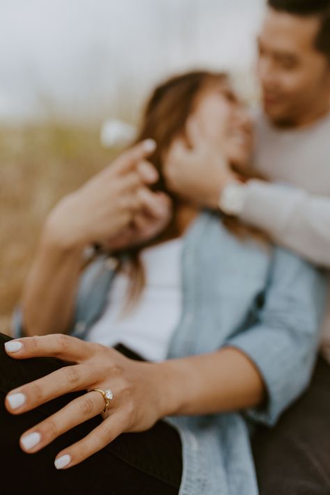 Engagement Photo Nails Fall, Best Engagement Photos Creative, Seated Engagement Photos, Engagement Photos With Shorter Guy, Smiling Engagement Pictures, Engagement Photo Poses For Shy Couples, Engagement Photos Only Hands, Engagement Photoshoot Ideas With Dogs, Sitting Down Engagement Photos