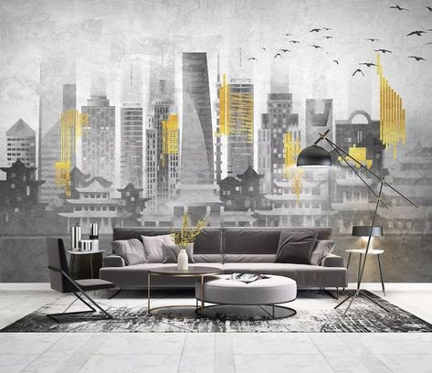 Skyscrapers Birds Black White Yellow Gray Lines Wallpaper Self | Etsy India City Lights Wallpaper, Buildings Skyscrapers, Garden Wall Designs, Landscape Lighting Design, Cafe Bedroom, Light Wallpaper, City Light, Building A Pergola, Room Theme