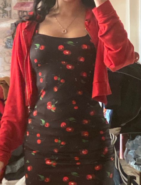 Cherry Jacket, Red Black Outfit, Indie Outfit Inspo, Red And Black Outfits, Cherry Print Dress, Cherry Dress, Aesthetic Outfit Ideas, Paris Outfits, Crop Top Outfits