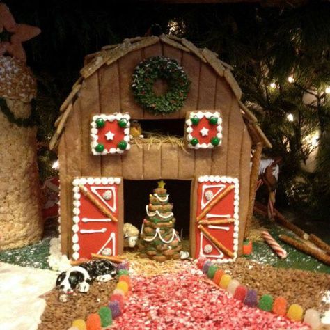 Gingerbread barn Gingerbread Scenes, Gingerbread Farm, Gingerbread Barn, Cookie Houses, Gingerbread Contest, Gingerbread Competition, Gingerbread Town, Gingerbread House Ideas, Gingerbread Creations