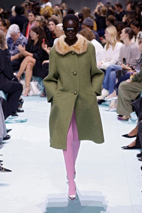 Prada SS25 | Dazed Green Outerwear, Milan Fashion Week Runway, Fun Shoes, Black Sheer Dress, Prada Spring, Spring 2025, Camisole Dress, Spring Summer Trends, Miuccia Prada