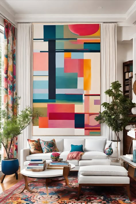 How to use artwork as a focal point. How to create a color scheme. Home art ideas. Oversized art. colorful art. abstract art. large art. where to hang art. home focal point ideas. Focal wall. Focal wall ideas. Apartment art. dorm art. diy wall art. mural wall art. trendy wall art. thrift store upcycle. Living room focal point ideas. Vibrant colors. rainbow. Modern Pop Art Living Room, White Walls Colorful Decor, Focal Wall Ideas, Where To Hang Art, Large Artwork Living Room, Large Colorful Wall Art, Living Room Focal Point, Shapes Template, Home Art Ideas