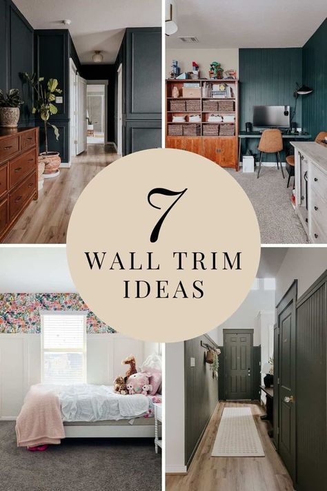 collage of four spaces with wall trim and text overlay - 7 wall trim ideas Wall Trim Ideas, Black Baseboards, Trim Molding Ideas, Black Trim Interior, Wall Trim Molding, Shiplap Trim, Black Walls Bedroom, Molding Ideas, Beadboard Paneling