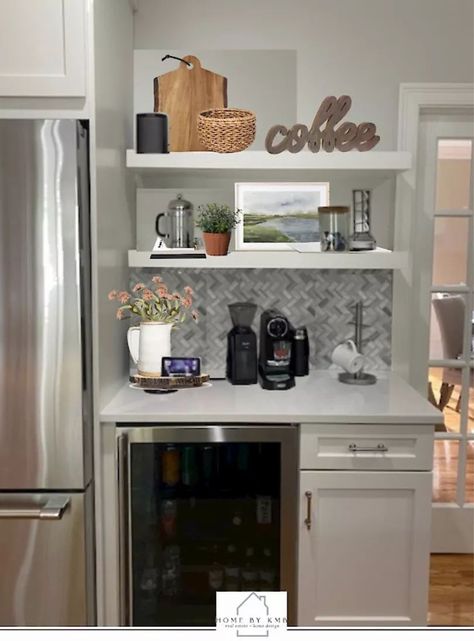 floating shelves about coffee bar in kitchen Coffee Bar Ideas Kitchen Counter Floating Shelves, Coffee Bar Station Small Spaces Nook, Kitchen Ideas With Coffee Bar, Beverage Counter In Kitchen, Bars With Floating Shelves, Kitchens With Coffee Stations, Coffee Station Floating Shelves, Coffee Bar Wine Bar Combo, Coffee Bar Ideas Office