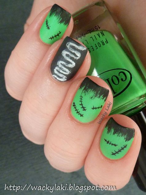 Wacky Laki: Nail-aween Challenge Day 6: Frankenstein Monster Nails, Girly Tips, Birthday 30, Halloween Nails Diy, Cartoon Nails, Halloween Nails Easy, Halloween Idea, No Id, Pumpkin Nails