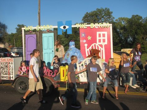 Monsters inc float Monsters Inc Parade Float, Monsters Inc Homecoming Float, Monsters Inc Float Ideas, Disney Parade Float Ideas, Disney Parade Float, Hoco Float Ideas, Halloween Floats, Hoco Floats, Disney Homecoming