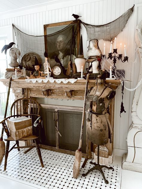 Liz Marie Galvan, Spooky Dolls, Mantel Styling, Cozy White Cottage, Liz Marie, Halloween Mantle, Liz Marie Blog, Farmhouse Halloween, Room Aesthetics