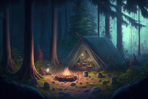 Camping In Forest, Camping Background, Camping At Night, Night In The Forest, Adventure Forest, Magical Cottage, Camping Drawing, Camping Forest, Forest Cartoon