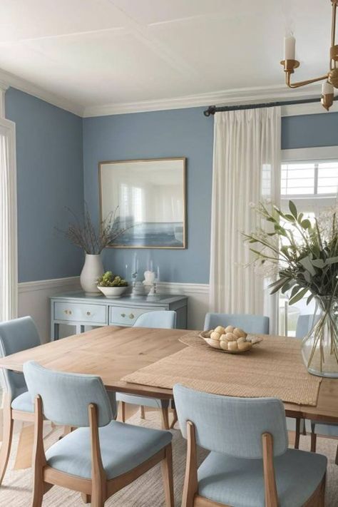 Ocean Theme Dining Room, Blue And Cream Dining Room, Blue Chairs Dining Table, Cozy Living Room Blue, Dining Room Vase, Dining Room Decor Blue, Blue Dinning Room, Coastal Dining Room Ideas, Blue Dining Table