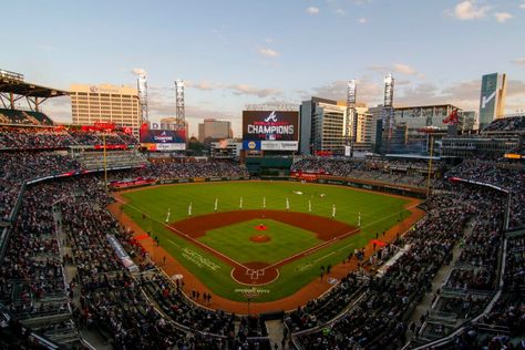 Truist Park is one of the newest stadiums in Major League Baseball, serving as the home to the Atlanta Braves Truist Park Atlanta, Atlanta Braves Stadium, Braves Stadium, Baseball Things, Truist Park, Atlanta Hotels, Omni Hotel, Baseball Park, Battery Park