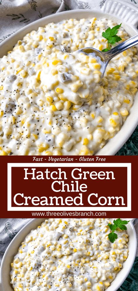 Hatch Green Chile Creamed Corn, Green Chili Cream Cheese Corn Casserole, Southwest Cream Corn, Corn With Cream Cheese And Green Chilies, Corn Cream Cheese Green Chilies Crockpot, Cheesy Corn With Applewood Bacon And Hatch Chiles, Corn Green Chili Cream Cheese, Green Chile Creamed Corn, Corn Cream Cheese Green Chilies