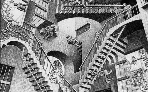 #escher #art #infinite #illust #classic #4K #wallpaper #hdwallpaper #desktop Mc Escher Relativity, Escher Relativity, Escher Hands, How To Draw Stairs, Escher Art, Stair Art, Victor Vasarely, Mc Escher, Painted Stairs