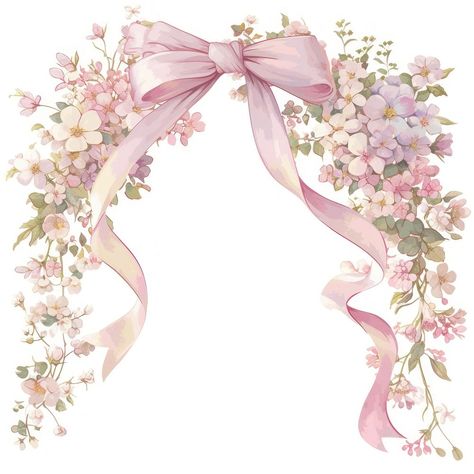 Pink Floral Prints, Flower Frame Illustration, Coquette Frame, Coquette Watercolor, Ribbon Image, Watercolor Ribbon, Illustrated Flowers, Recuerdos Primera Comunion Ideas, Frame Flowers